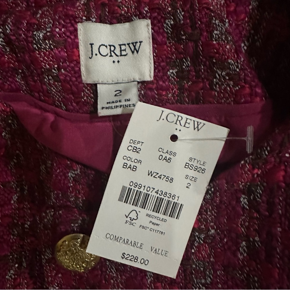 J.Crew Pink Tweed Lady Jacket Size 2 Gold Crest Buttons Cropped Blazer BS928 New - Picture 11 of 14